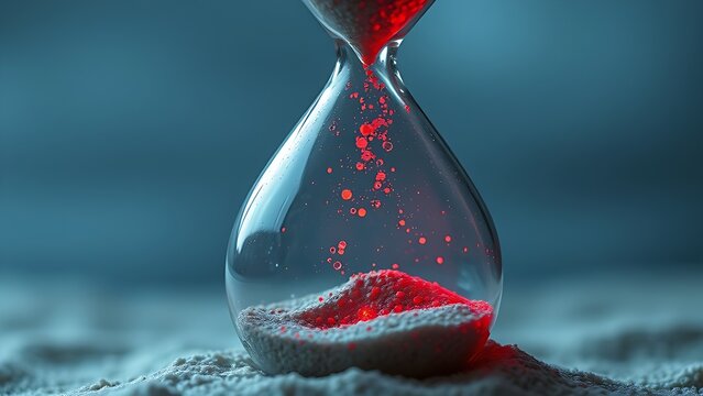 Translucent hourglass with memories as sand, some grains glowing red to signify cognitive health concerns.