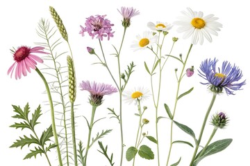 A vibrant bouquet of diverse wildflowers including coneflowers daisies and cornflowers against a clean white background