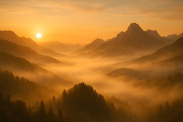 Golden Sunset on Mountains: Majestic mountain peaks pierce through a sea of mist, bathed in the golden light of sunset, creating a scene of breathtaking natural beauty and serenity.