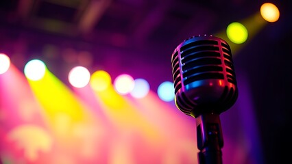Obraz premium A microphone on stage bathed in colorful lights, capturing the energy of a live concert.
