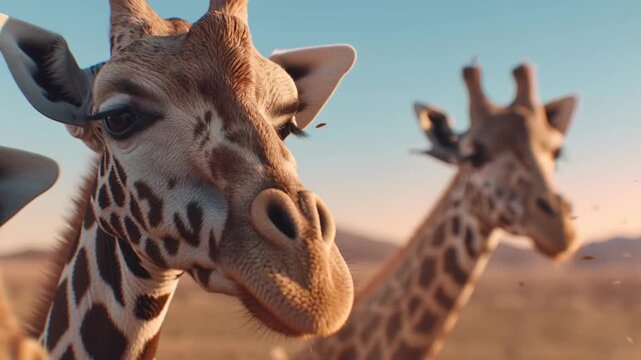 Giraffe close up showing detailed fur pattern and long eyelashes in natural wildlife habitat during sunset with warm light and blurred landscape creating peaceful nature scene