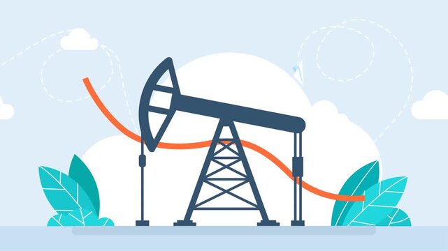Oil rig on the background of falling red line. Falling price. Pumpjack on oil price chart, financial data. Land crude oil drilling rig, derrick, pump jack. Price per barrel. 2d flat animation