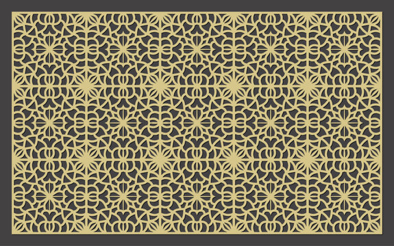 Intricate geometric laser cut pattern with repeating floral motifs in a rectangular panel design vector