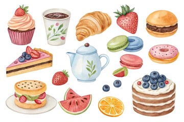 A delightful watercolor collection of sweet pastries cakes fruits and beverages perfect for a tea party or bakery theme