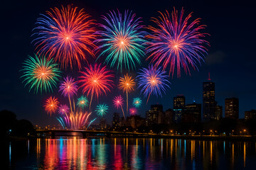 Nighttime Fireworks Extravaganza: Captivating bursts of colorful fireworks illuminate the night sky above a city skyline, creating a mesmerizing spectacle over the water, celebrating freedom and joy.