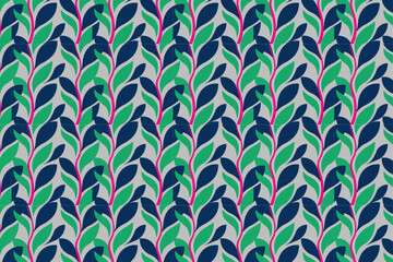 Abstract modern leaf pattern design with vibrant green, navy, and pink tones, ideal for contemporary wallpaper and fabric design.