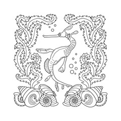 Art nouveau style seadragon swimming in ocean amongst seaweed and shells hand drawn monochrome easy coloring book page vector illustration