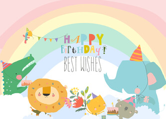 Fototapeta premium Cute Funny Animals celebrating Birthday