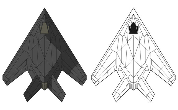 Set F-117 Nighthawk military aircraft design in line art and colored style from top view. Vector illustrations f117 colorful fighter jet. Outline drawing modern united states combat aircraft.