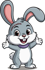 Cartoon gray rabbit, white belly, pink ears, stitched scar, purple collar, happy expression, big eyes, cute animal character, playful pose