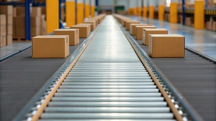 Conveyor belt transporting boxes in a warehouse setting, showcasing an efficient logistics system for package movement.