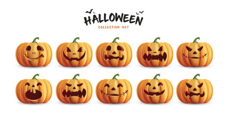 3d Halloween pumpkins set vector design. orange pumpkin with funny faces for holiday season spooky trick or treat collection isolated in white background. Elements illustration seasonal scary