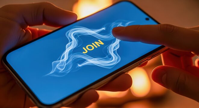 Close-up of Person Using Smartphone with Join Button on Screen, Engaging with Online Community - Powered by Adobe