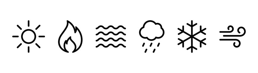 Nature elements water, fire, air, sun, cloud, and snowflake line icon set. Wave, flame, wind, rain, winter, and sunshine. Environment sign. Weather and nature outline icon set. Vector illustration