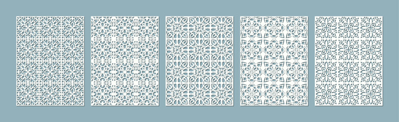 Five abstract geometric patterns in a row, each with a unique intricate design vector