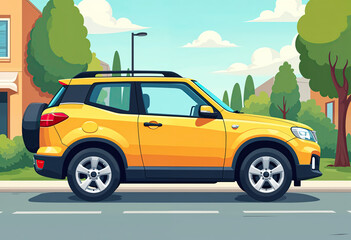 A bright yellow sport utility vehicle is parked on a quiet suburban street under a sunny sky with green trees and houses in the background.