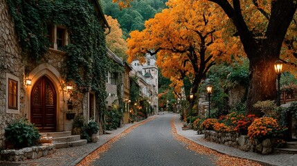 Autumnal village street lined with colorful foliage and historic stone buildings