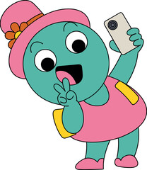 Cartoon green turtle taking selfie, pink outfit with flower hat and smartphone, cheerful character illustration, playful social media theme