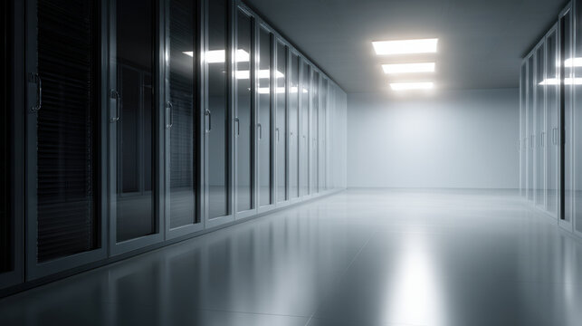 Server rack room with glass doors and bright ceiling lights reflecting on shiny floor, creating clean and modern data center atmosphere