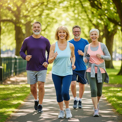 Group of happy seniors jogging together outdoors in a park