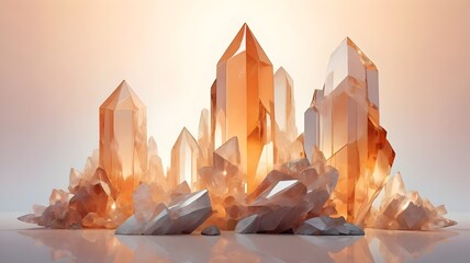 Cluster of Smoky Quartz Crystals Orange and White Mineral Formation on Reflective Surface Light Background Abstract Background