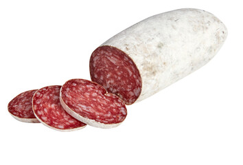Fresh salami sausage cut out isolated transparent background