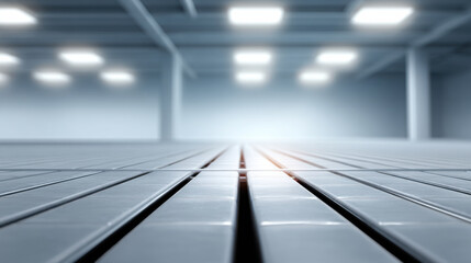 Modern raised floor panels with lighting in spacious industrial or data center environment creating clean and futuristic atmosphere