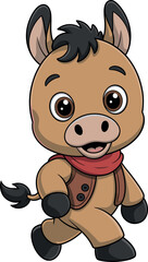 Cartoon horse walking, light brown body, dark mane, red scarf, brown vest, expressive eyes, cheerful pose, kids illustration, fun character, playful design