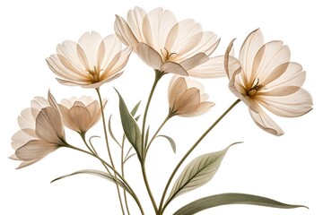 Delicate translucent pale peach cosmos flowers with soft light illuminating their petals against a clean white background