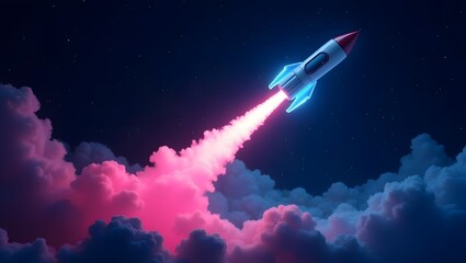 Colorful Rocket Launching into Space with Bright Clouds at Night