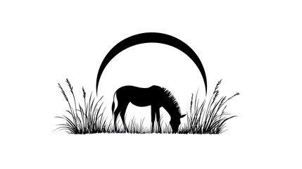 Elegant monochrome illustration: Horse grazing beneath an arc shape in serene field
