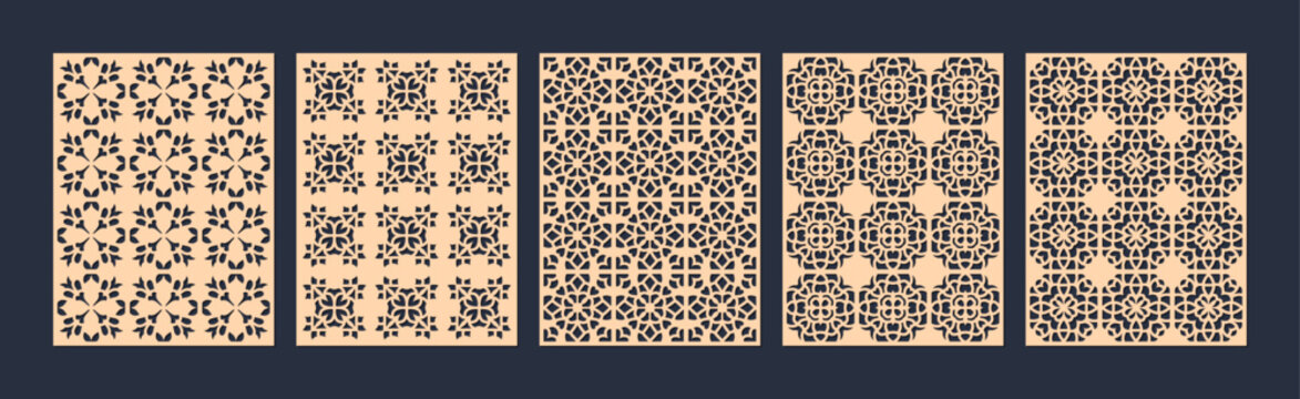 Set of five decorative laser cut patterns with geometric and floral motifs vector
