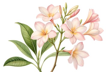 Fototapeta premium Delicate watercolor painting of a blooming branch of pale pink frangipani flowers with green leaves on a white background