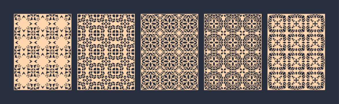 Collection of five intricate geometric patterns in beige and black, showcasing diverse designs vector