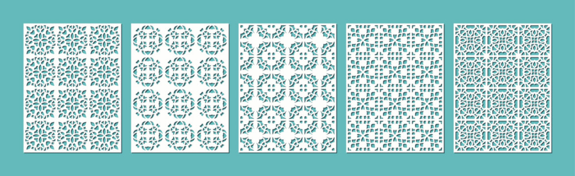 Collection of five different decorative patterns in a row, presented in a teal background vector