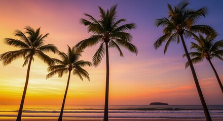 Fototapeta na wymiar Tropical Paradise Sunset: Palm Trees Silhouetted Against a Vibrant Sky, Ideal for Travel and Vacation Advertising