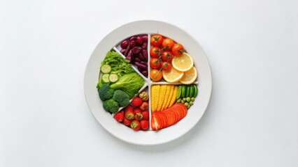 A colorful plate divided into sections, showcasing a variety of fresh fruits and vegetables arranged neatly.