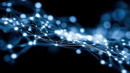 Abstract Network Connection Structure with Blue Glowing Nodes on Black Background Depicting High Tech Innovation