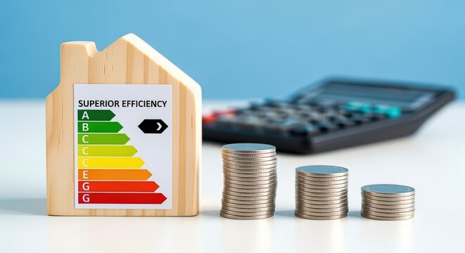 Energy Efficiency Concept: Wooden House Model with Energy Rating, Stack of Coins and Calculator