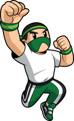 Cartoon martial artist jumping, action pose with green outfit and mask, dynamic sports character illustration, energetic combat-themed artwork
