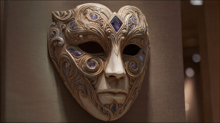 Ornate amethyst ceremonial mask with swirling carvings in pale ceramic