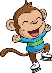 Cartoon monkey ice skating, striped shirt, white skates, joyful pose, smiling face, playful character, winter activity, fun design, kids illustration
