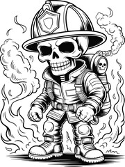 Black and white line art illustration of a fierce skeleton firefighter with protective gear, helmet, oxygen tank, holding hose, flames, smoke background, bold tattoo design