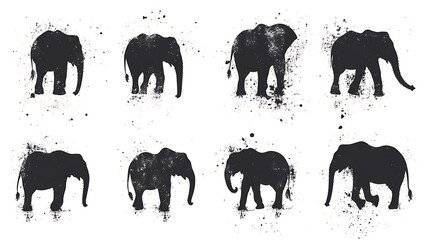 Grunge Silhouette Collection: Artistic Elephant Herd in Textured Vector Style