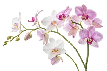 Obraz premium Delicate phalaenopsis orchid flowers in soft pink and white hues against a clean white background
