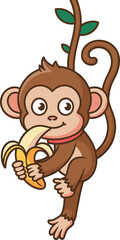 Cartoon monkey with brown fur, lighter hands and feet, hanging from green vine, holding banana, playful jungle animal character, isolated illustration