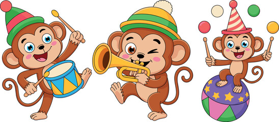 Cartoon monkeys performing, drum trumpet juggling, striped hats, circus scene, playful animal characters, colorful outfits, fun music, cheerful illustration