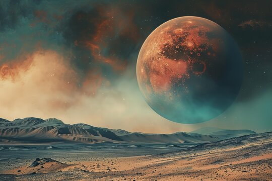Breathtaking view of a giant, orange planet dominating the sky above a desolate, rocky alien terrain, creating a stunning cosmic scene