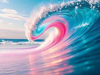 Ultra-HD Colorful Wave Crashing on Serene Beach with Vibrant Turquoise, Pink, Purple, Orange, and Gold – Dreamy Seaside Scene (AI Generated)