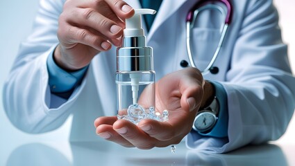 Doctor demonstrating hand sanitizing with a pump bottle and stethoscope